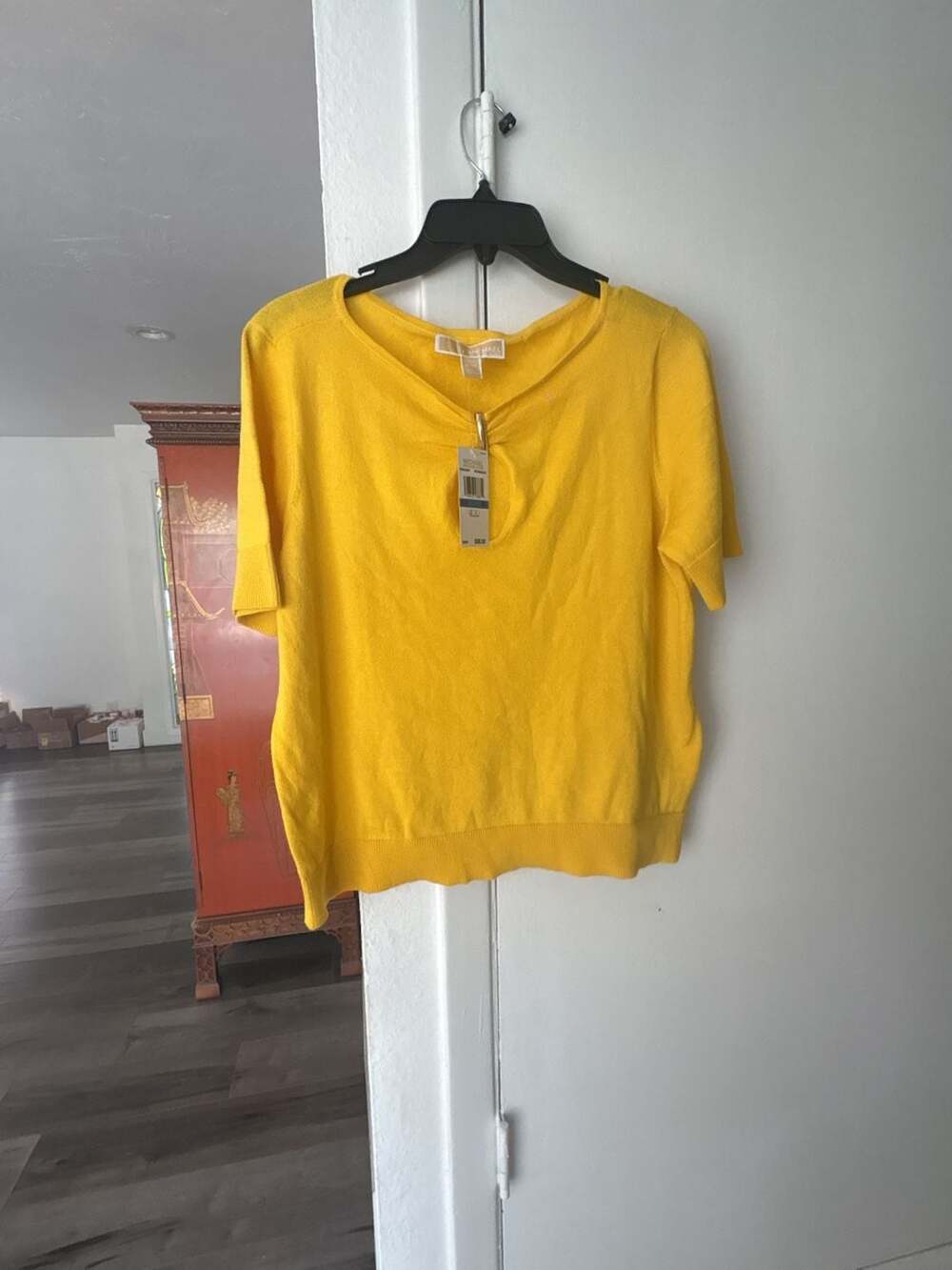 Michael Kors Yellow V-Neck Knit Top with Short Sleeves and Front Ring Detail